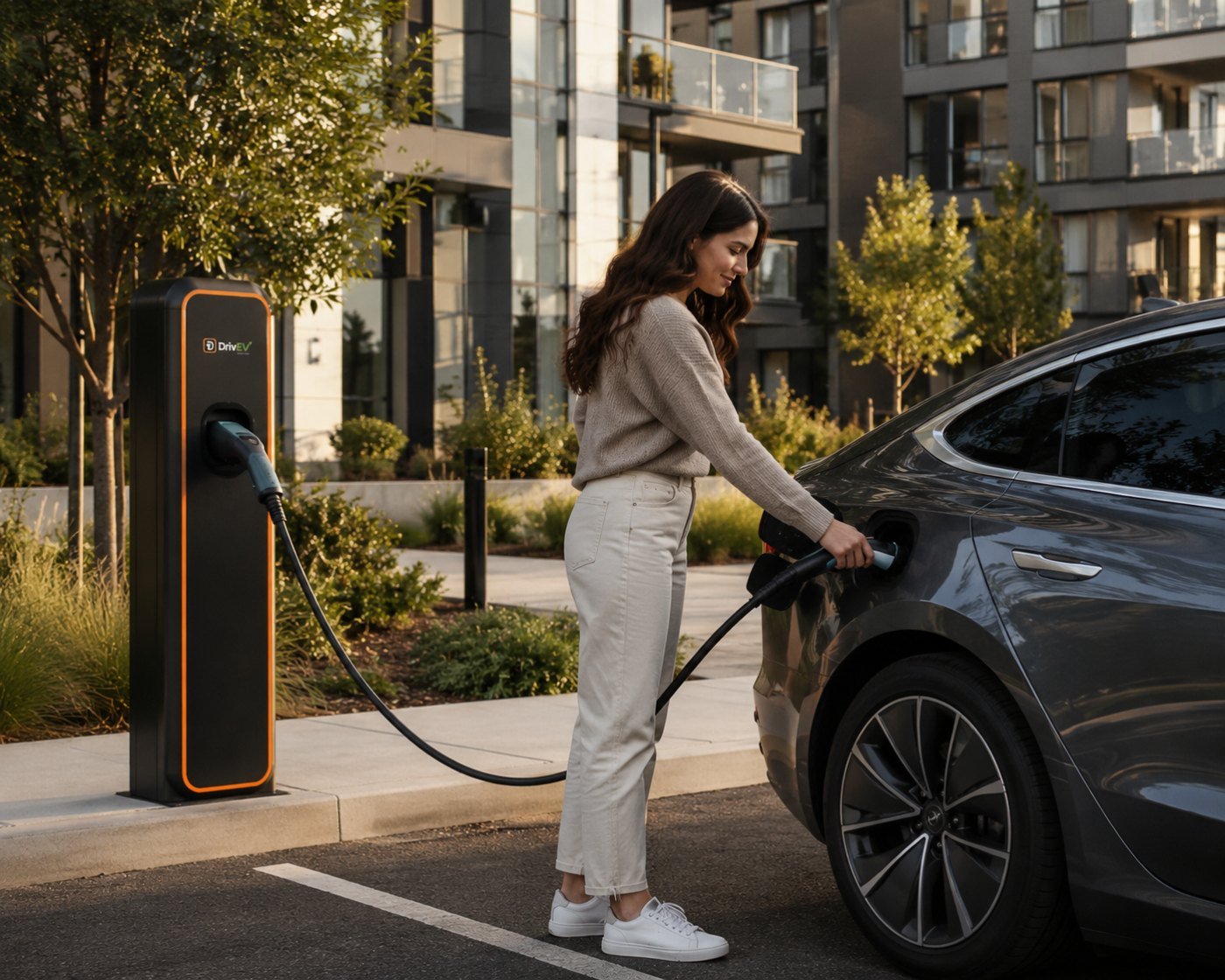 Row of DrivEV charging stations illuminated at dusk